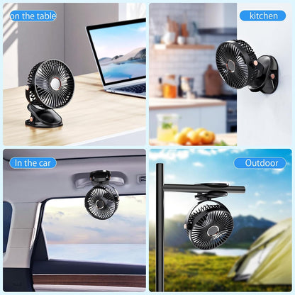 iNeibo 4000mAh Portable Clip on Fan with LED Lights, Battery Operated USB Desk Fan,4 Speed Quiet Rechargeable Mini Table Fan, 360° Rotate Personal Cooling Fan for Home Office Stroller Camping (Black)