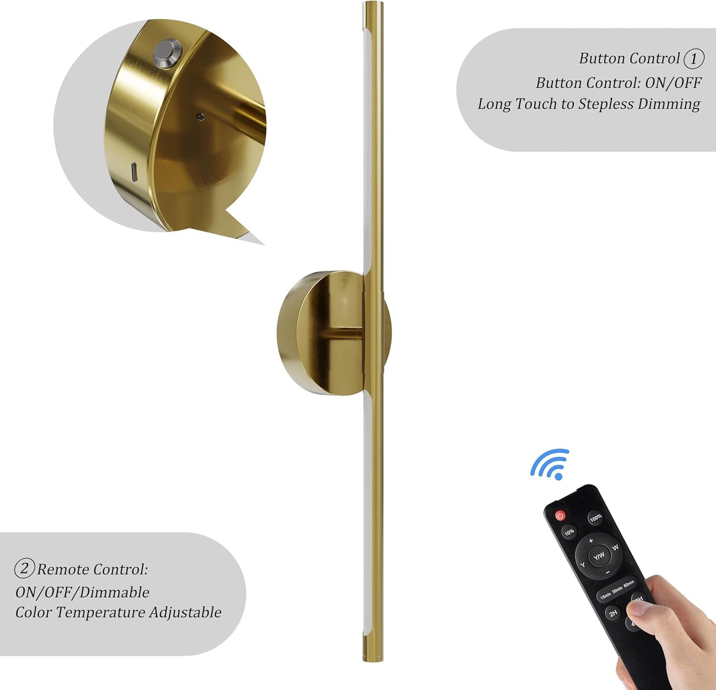 24 Inch Battery Operated Wall Sconce Set of 2, Dimmable Battery Sconces with Remote Control, 8000 mAh Rechargeable Sconces, 350° Rotate Modern LED Lights for Bedroom, Living Room, Black Gold
