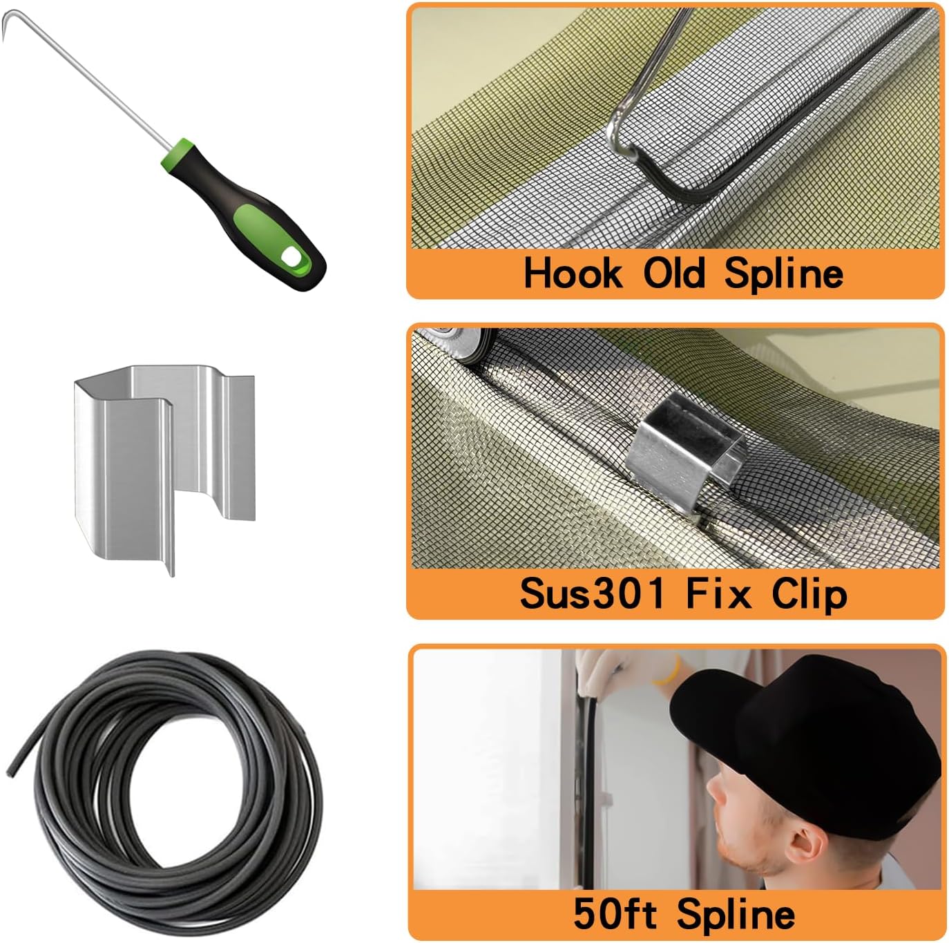 King&Charles Window Screen Door Repair/Replacement Kit, Include Black Screen Mesh 48"x118"+ 2 Roller+50Ft Spline+8Clips+Hook, 6 in 1 Window Mesh Kit, Steel/Nylon Bearing Roller