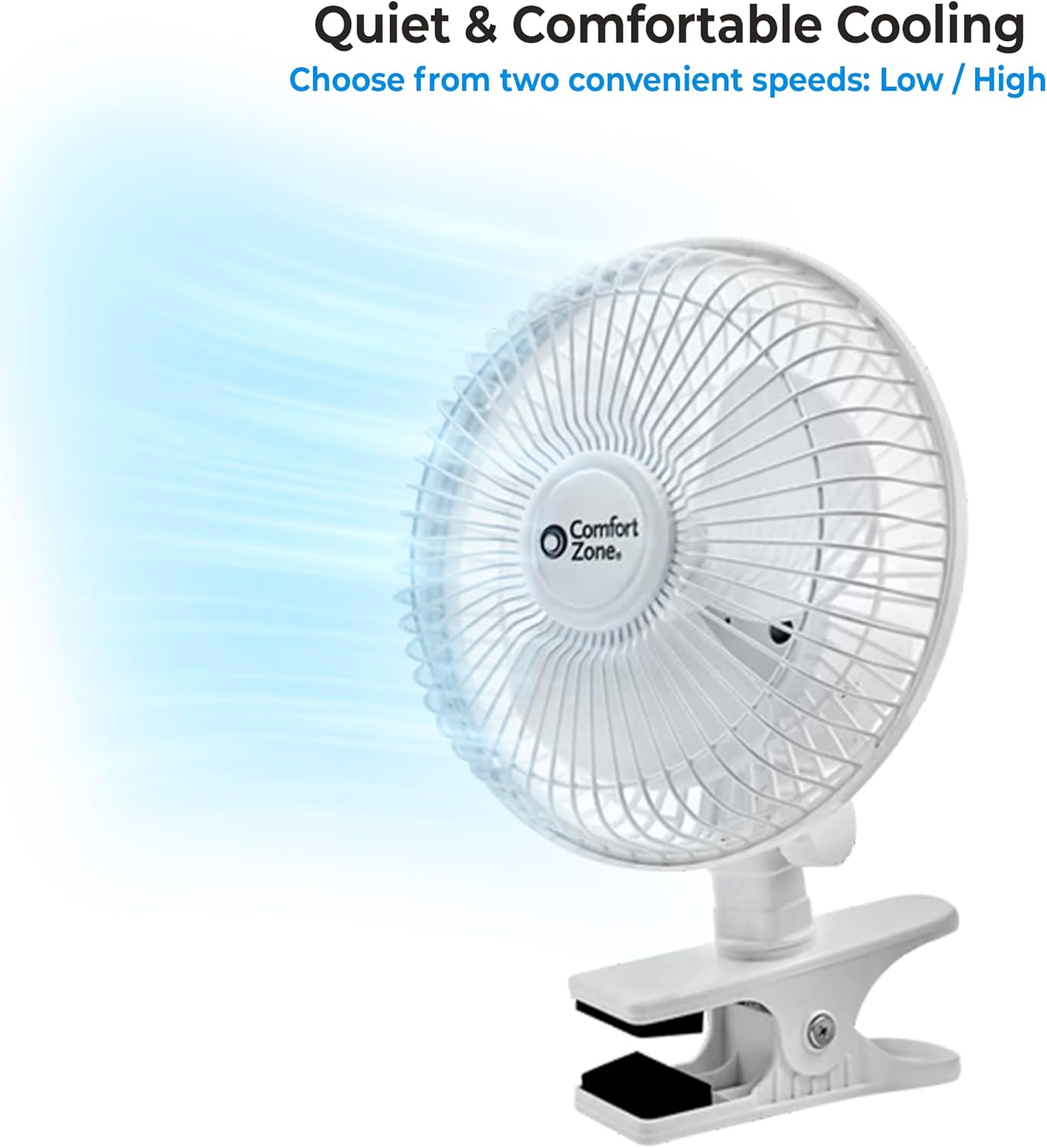 Comfort Zone 6-Inch Corded Clip-On Personal Fan – 2-Speed Quiet Desk Fan with 360° Rotation, Fully Adjustable Tilt & Secure Strong Clamp – Mini Air Circulator for Desks, Bedside & Office