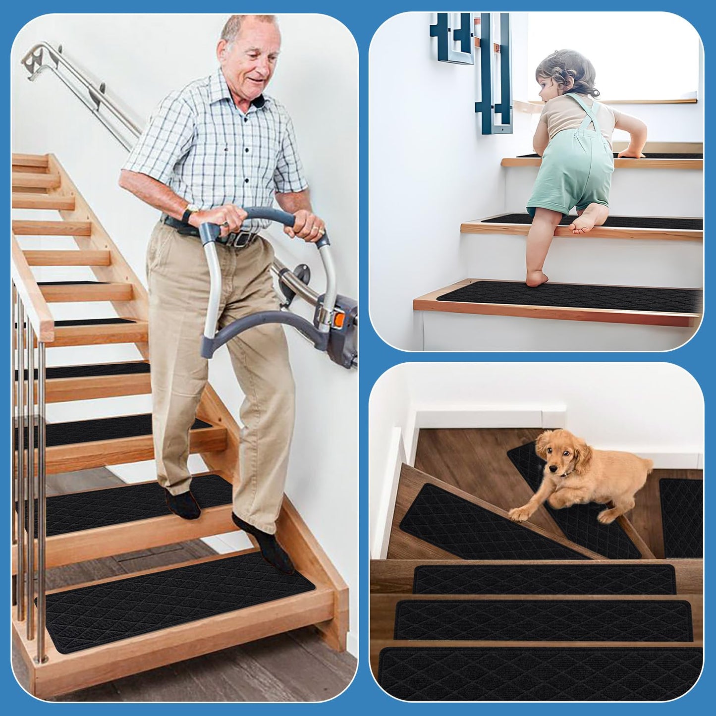 Non Slip Stair Treads for Wooden Steps,15 Pack 8" X 30" Stairs Carpet Treads Indoor with Reusable Peel and Stick Adhesive for Kids Elders and Pets