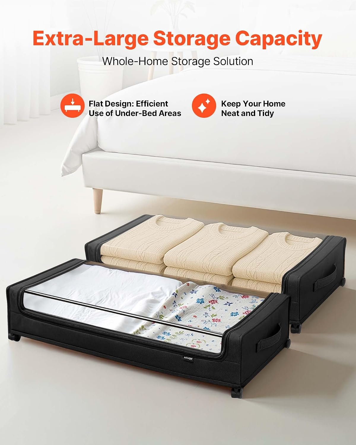 VEVOR Under Bed Storage with Wheels, 36.0 x 18.1 x 7.3 inch, Underbed Containers with Clear Lid, Underbed Shoe Organizer, Rolling Under the Bed Storage Bins for Clothes Shoes Blankets Bedroom, 2 Pack