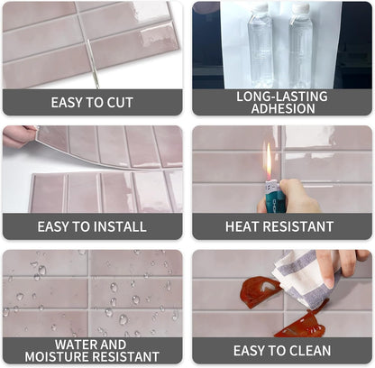 10 Sheet Peel and Stick Kitchen Backsplash Tiles(Pink,12"×12") | 3D Subway Rectangle Waterproof Self-Adhesive Wall Tile Stick on Backsplash for Kitchen,Bathroom and Fireplace