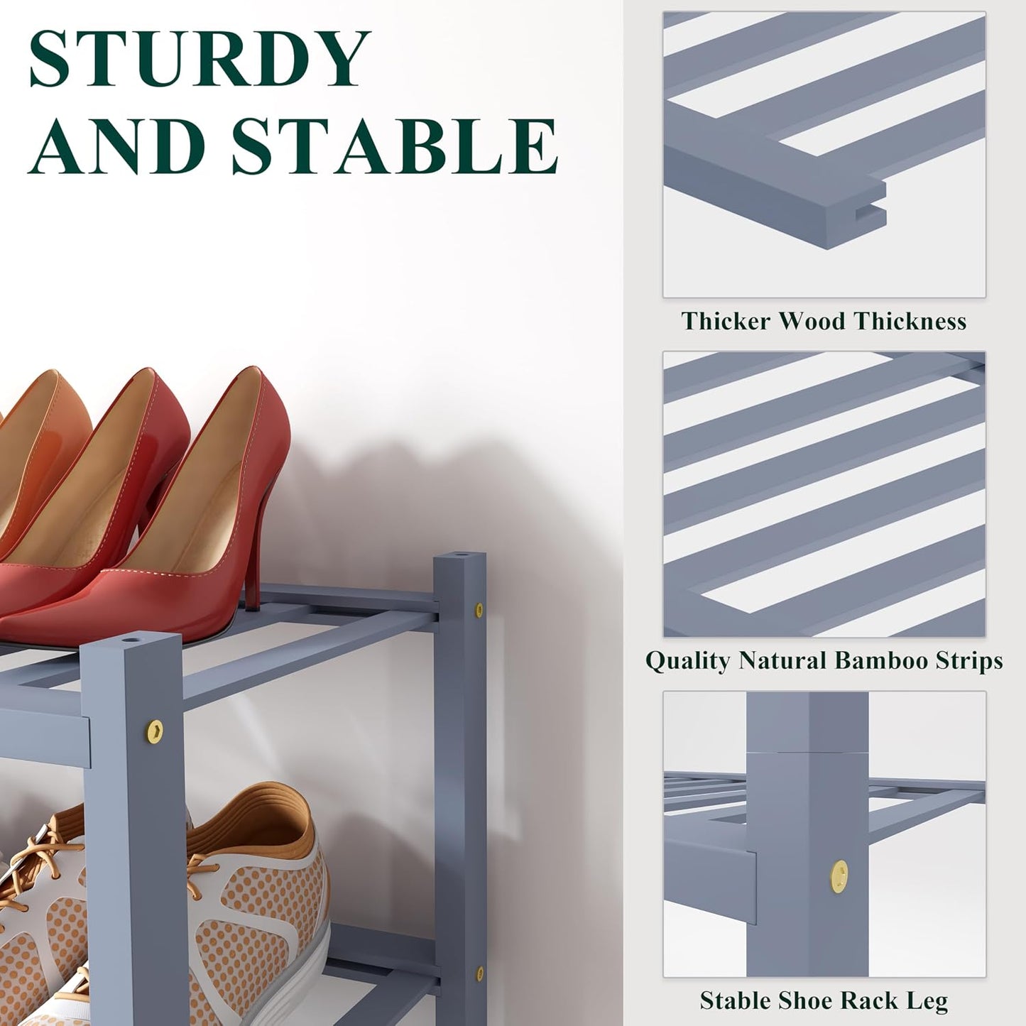 Smiry Bamboo Shoe Rack for Closet, 3 Tier Wooden Shoe Organizer, Stackable Wood Shoe Storage Shelf for Entryway, 14 Vertical Slats, One-piece Heavy-Duty Legs, 26.77"x11.02"x18.31", Natural