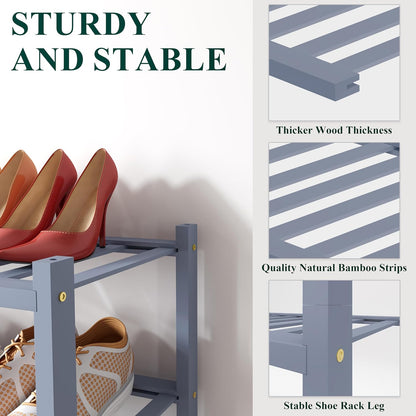 Smiry Bamboo Shoe Rack for Closet, 3 Tier Wooden Shoe Organizer, Stackable Wood Shoe Storage Shelf for Entryway, 14 Vertical Slats, One-piece Heavy-Duty Legs, 26.77"x11.02"x18.31", Natural