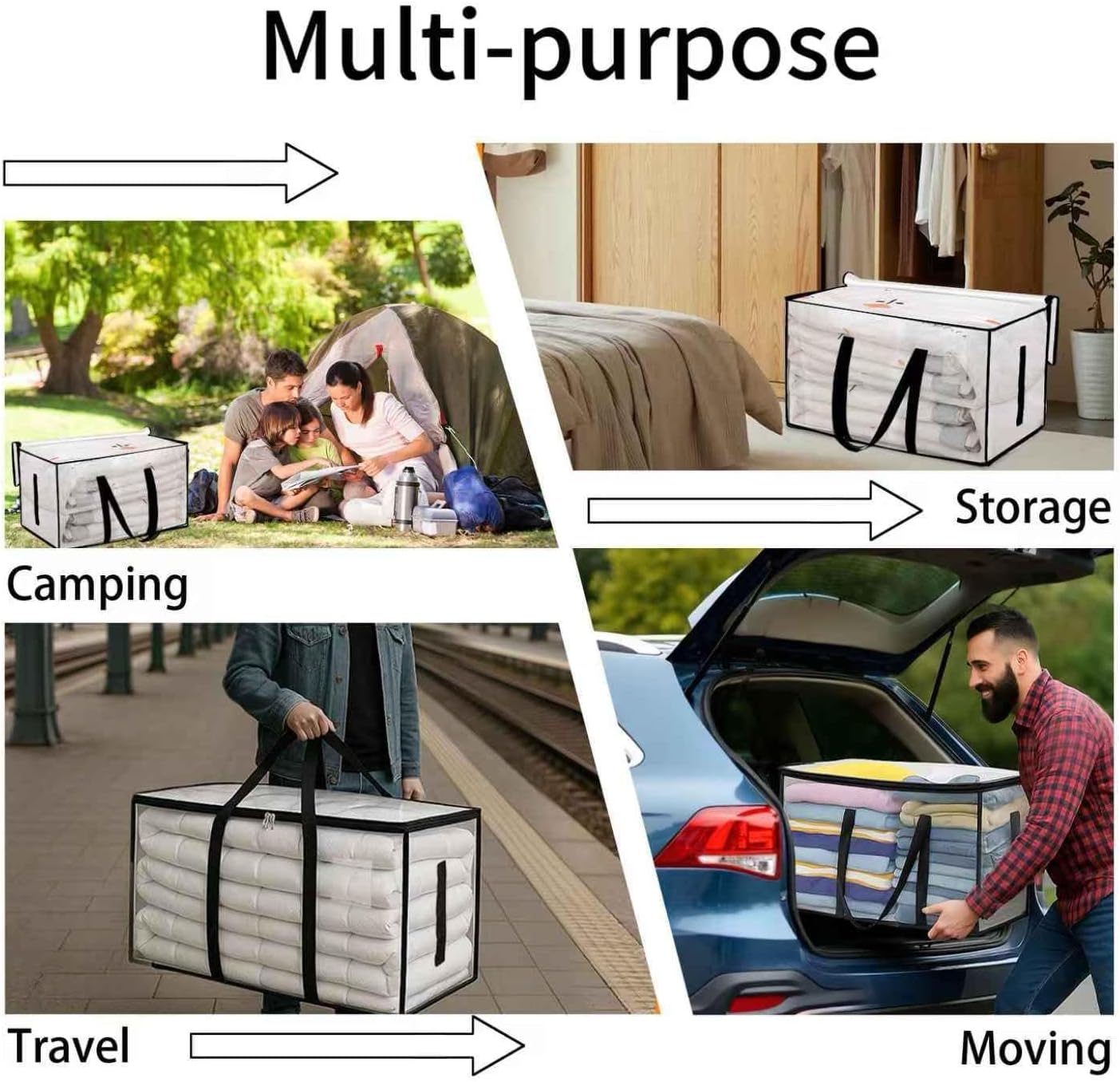 8 Pack-Extra Large Heavy Duty Moving Bags - Waterproof Storage Totes with Handles & Zippers, Foldable for College Dorm, Storage (Clear)