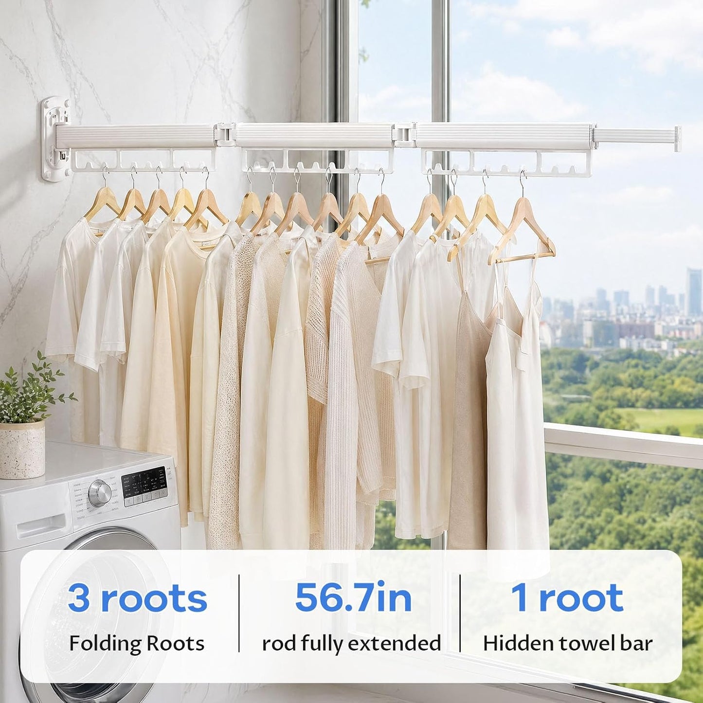 Foldable Wall Mounted Laundry Drying Rack, 3 Fold Retractable Clothes Drying Rack, Durable Clothing Hanger Rack for Laundry Room, Balcony, Bathroom (White)