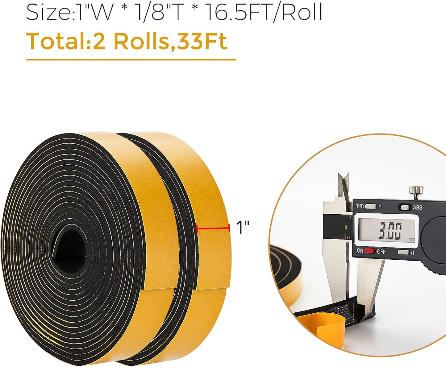 33 Feet Weather Stripping Door Seal- 1/2" Wide X 1/4" Thick Door Bottom Seal Strip High Density Foam Tape Adhesive Rubber Strip for Door Soundproofing,Window Insulation (1/2" x 1/4" x 33FT,Black)