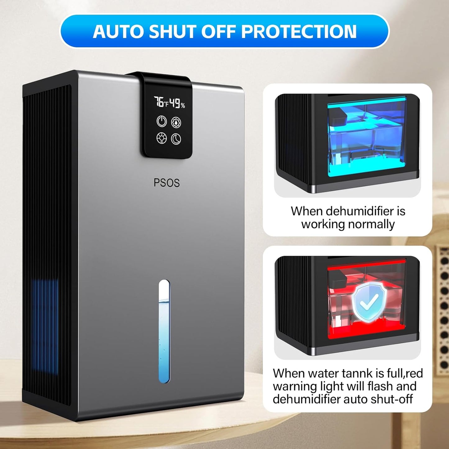 PSOS Dehumidifier, Dehumidifiers for Home, 98 OZ Water Tank, (1000 sq.ft) Quiet Dehumidifier for Bathroom Basement Bedroom with Humidity Display, Relaxing 7 Color Ambient Light, Auto Shut Off(White)