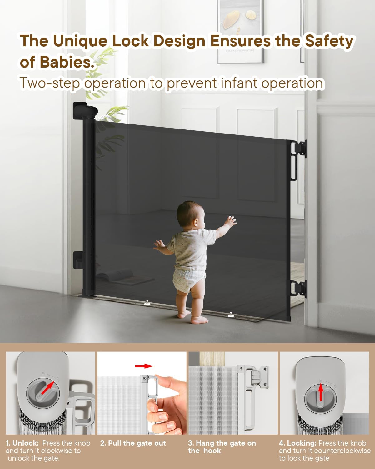 Retractable Baby Gate - 55" Wide Mesh Pet Gate with Anti-Crawling Hook, Safety Lock, One-Hand Operation, 34" Tall Baby Gate for Stairs, Doorways, Hallways, Garage, Indoor Outdoor, Black