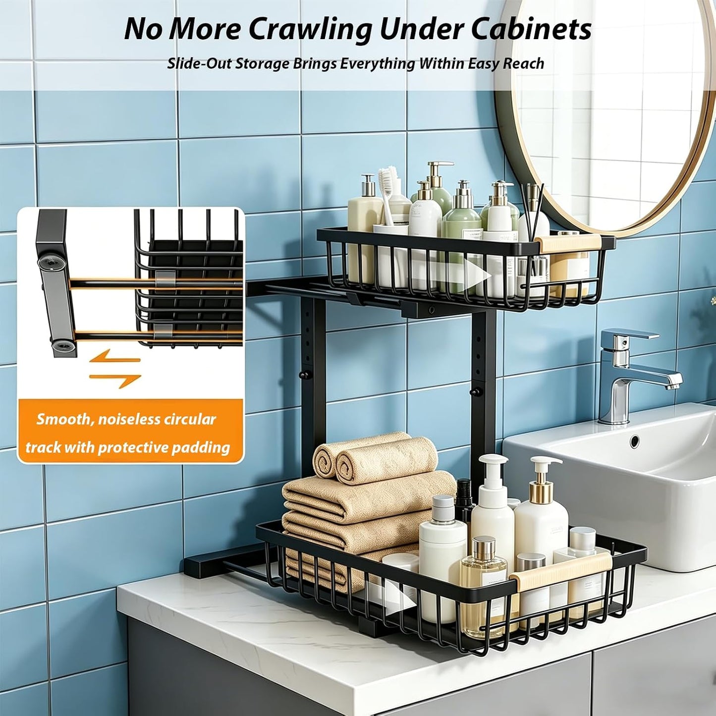 2 Pack Under Sink Organizer, 3-Tier Pull Out Kitchen Cabinet Organizer with 5 Adjustable Heights Metal Slide Out Bathroom Storage Makeup Drawer Rack for Bedroom Office Pantry Home Organization, White