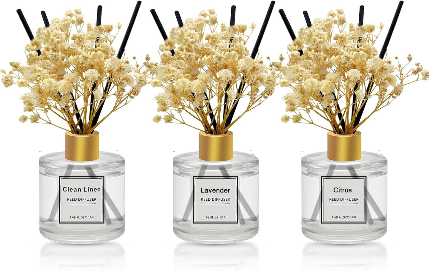 Reed Diffuser Set of 3 Pack,Clean Linen,Eucalyptus & Mint,Ocean Scented Oil Diffuser with 4 Sticks,Reed Diffusers for Home,Living Room,Bathroom Air Freshener Diffuser,50ml x 3
