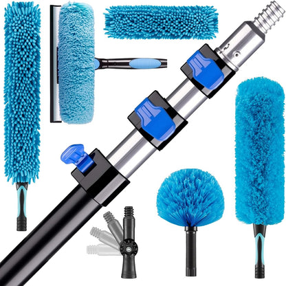 26FT High Reach Duster Cleaning Kit with 5-20 FTExtension Pole, High Ceiling Fan Cleaner Duster Tool for Fan Blades, Extendable Reusable Cobweb, Feather, Window Cleaning Squeegee Kit (20FT)