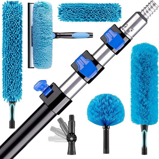 26FT High Reach Duster Cleaning Kit with 5-20 FTExtension Pole, High Ceiling Fan Cleaner Duster Tool for Fan Blades, Extendable Reusable Cobweb, Feather, Window Cleaning Squeegee Kit (20FT)