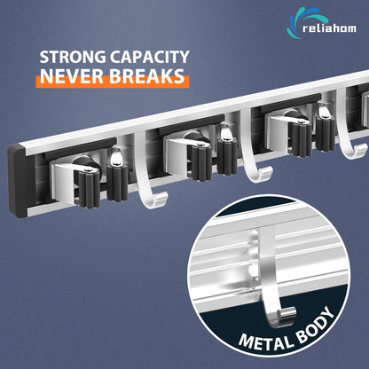 reliahom Broom Holder Wall Mount Mop Hanger Tools organizer 4Racks 5Hooks | Adjustable Mop Broom Wall Hanging Heavy duty Tools Storage Rack Space-saving for Garage,Kitchen,Laundry Room,Garden, Silver