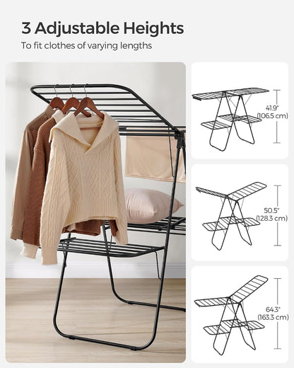 SONGMICS Clothes Drying Rack, with Sock Clips, Metal Laundry Rack, Foldable, Space-Saving, Free-Standing Airer, with 2 Height-Adjustable Gullwings, Indoor Outdoor Use, Gray ULLR052G01