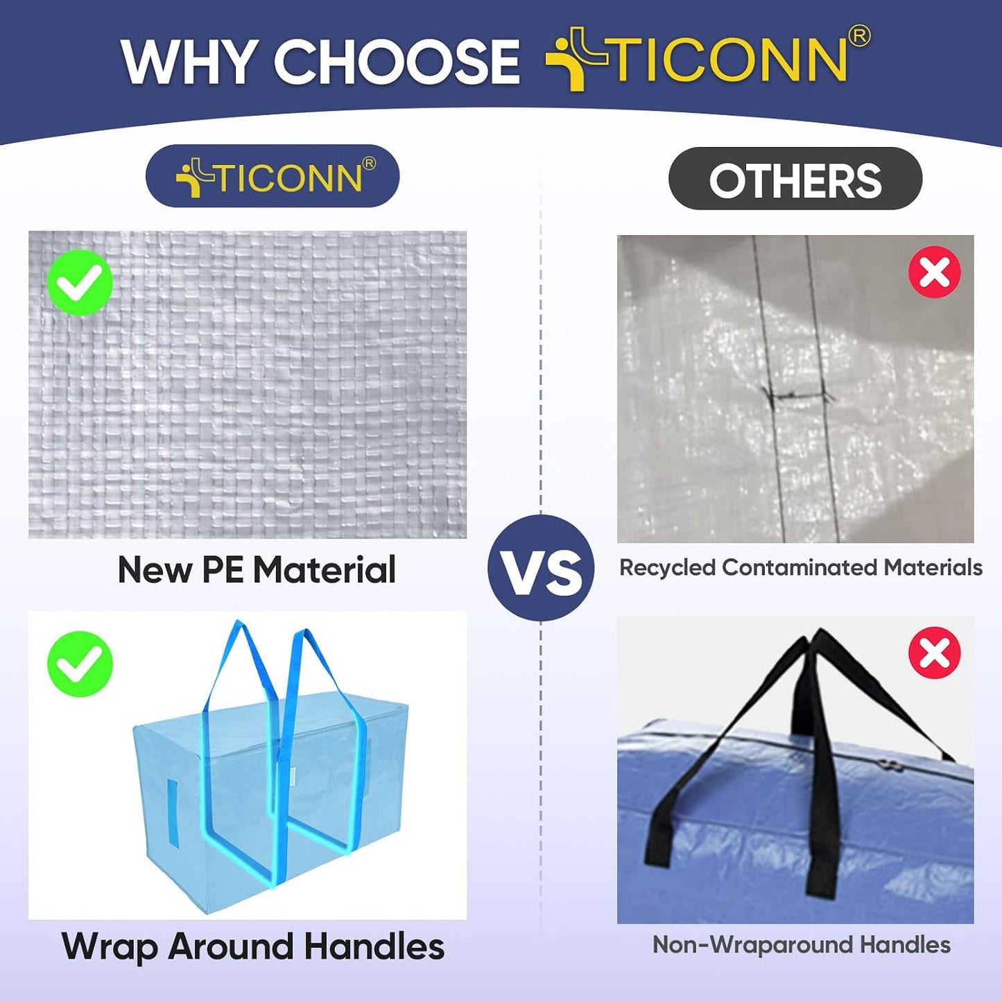 TICONN 4 Pack Extra Large Moving Bags Heavy Duty with Zippers & Carrying Handles, Durable Storage Bags Moving Boxes for Closet Organizers and Storage (4 Pack, Blue)