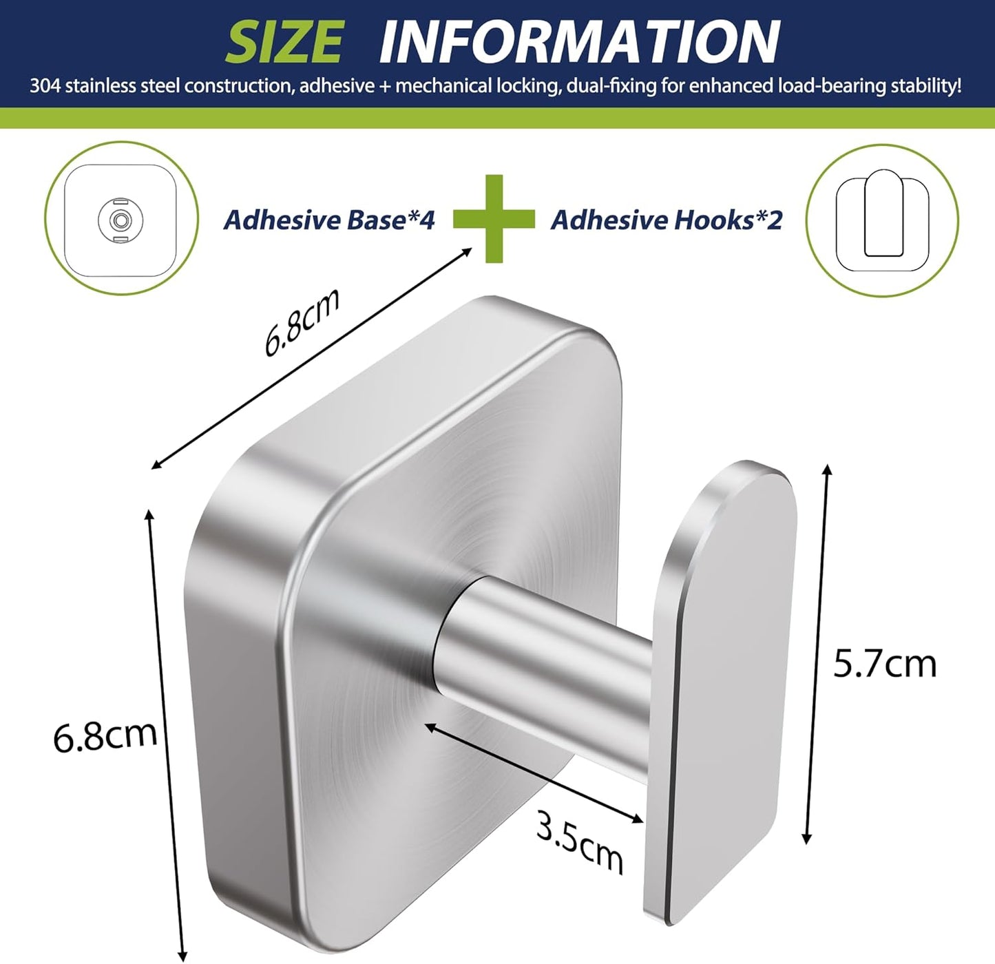 Aikzik Large Heavy Duty Wall Hooks - 26lb Max, Stainless Steel Replaceable Adhesive Towel Hook, Hooks for Hanging Towel, Coat, Sticky Towel Holder Stick on Bathroom, Shower, Kitchen, Black(2 Pack)