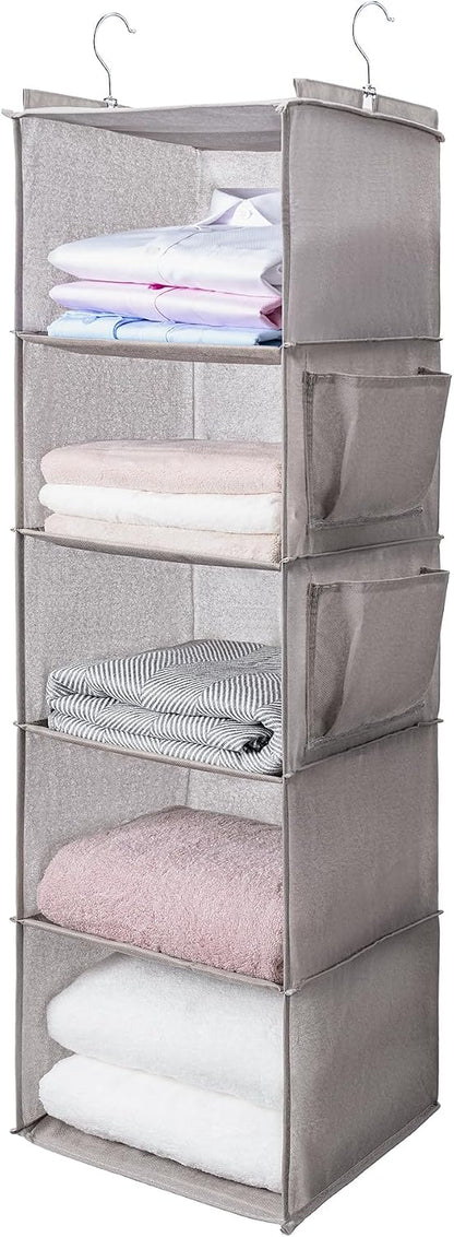 BOOMIBOO Hanging Closet Organize and Shelves，5-Hanging Shelf with 2 Side Pockets，Storage Foldable （Grey）