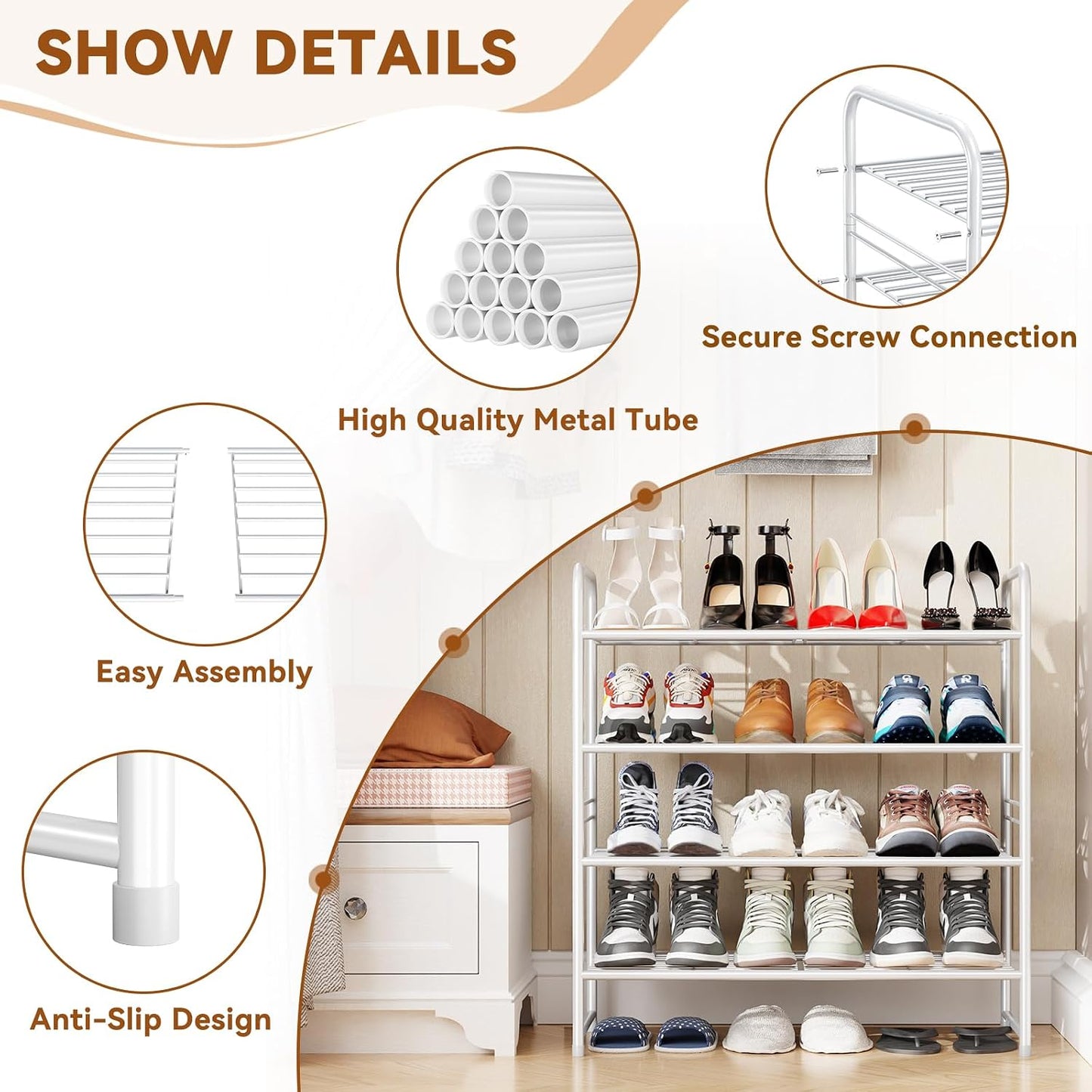 Simple Shoe Rack 2 Tier 27 Inch Wide, Heavy Duty Metal Closet Shoe Organizer Shelf for Entryway, Front Door, Black