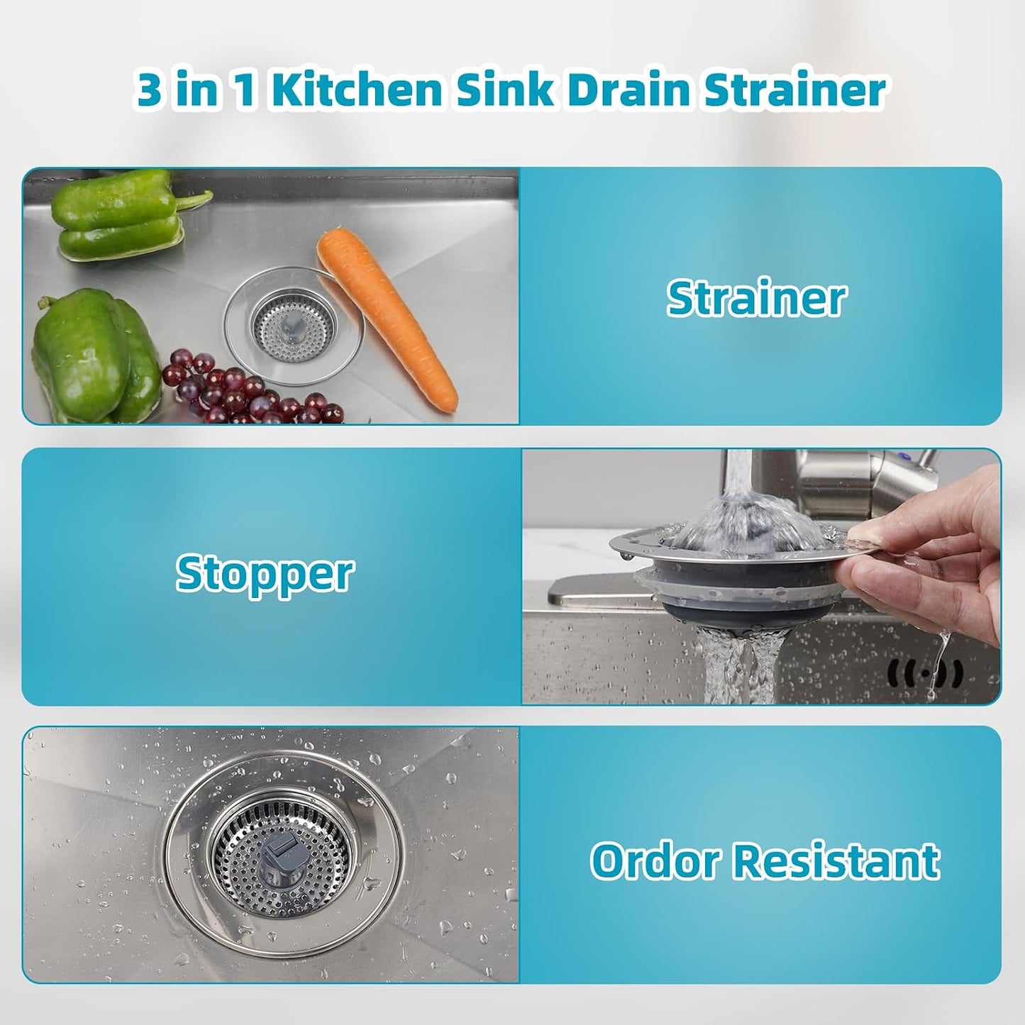 Hibbent 3 in 1 Kitchen Sink Drain Strainer, Stainless Steel Wrapped Shell Drain Stopper Combo, Pop Up Sink Stopper, 3 Anti-Clogging Basket Strainer with Foldable Handle for US Standard 3-1/2" Drain