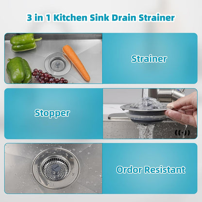 Hibbent 3 in 1 Kitchen Sink Drain Strainer, Stainless Steel Wrapped Shell Drain Stopper Combo, Pop Up Sink Stopper, 3 Anti-Clogging Basket Strainer with Foldable Handle for US Standard 3-1/2" Drain