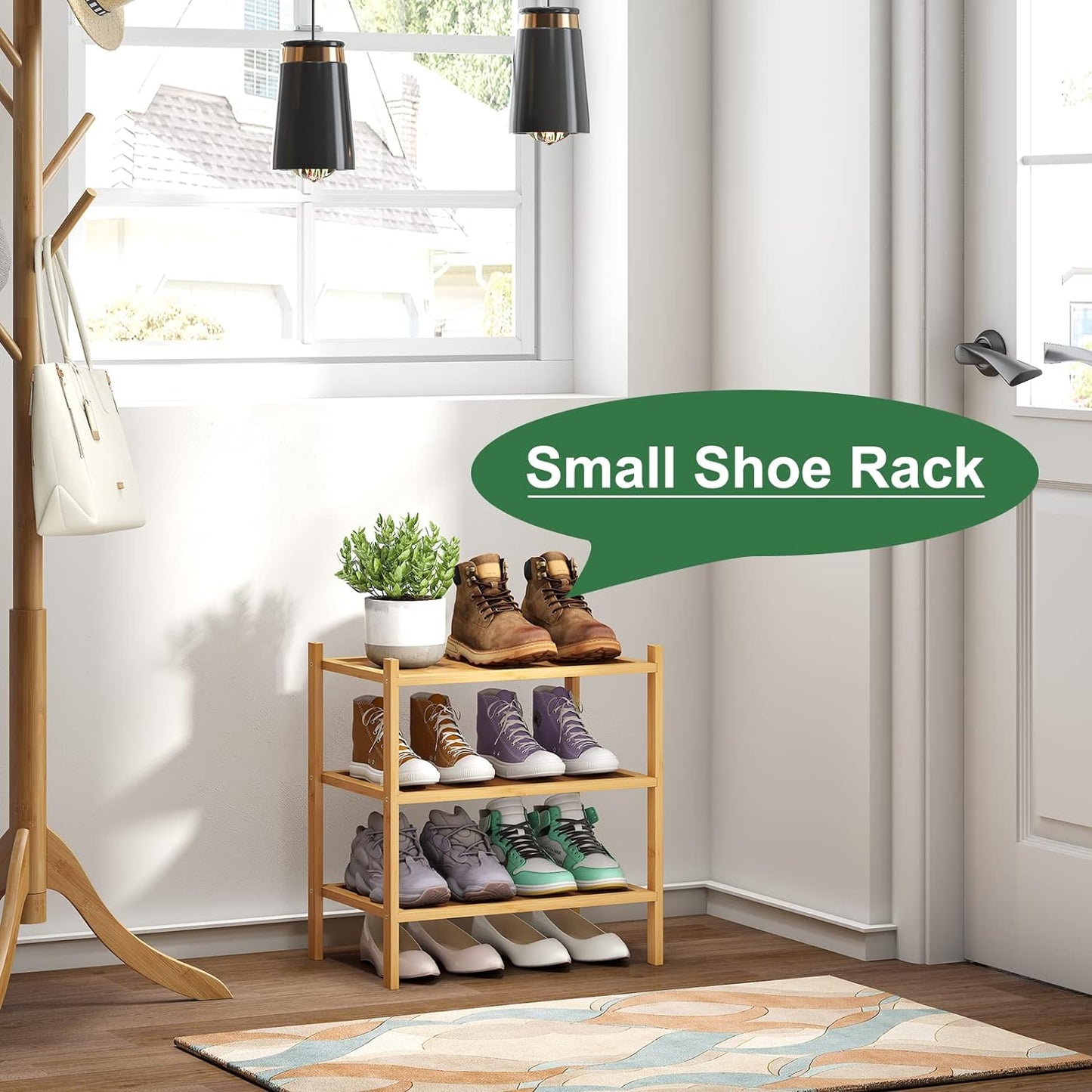 kiplant Small Shoe Rack, 4-Tier Bamboo Wood Shoe Rack for Entryway, Stackable Shoe Organizer for Hallway Closet, Free Standing Shoe Racks for Indoor & Outdoor