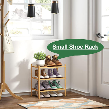 kiplant Small Shoe Rack, 4-Tier Bamboo Wood Shoe Rack for Entryway, Stackable Shoe Organizer for Hallway Closet, Free Standing Shoe Racks for Indoor & Outdoor