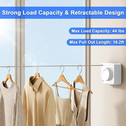 Retractable Clothesline Indoor & Outdoor, 16.2Ft Non-Sagging Stainless Steel Laundry Line with Wall Mounted Heavy Duty Design, Space-Saving Drying Rack for Bathroom, Balcony(1, White)