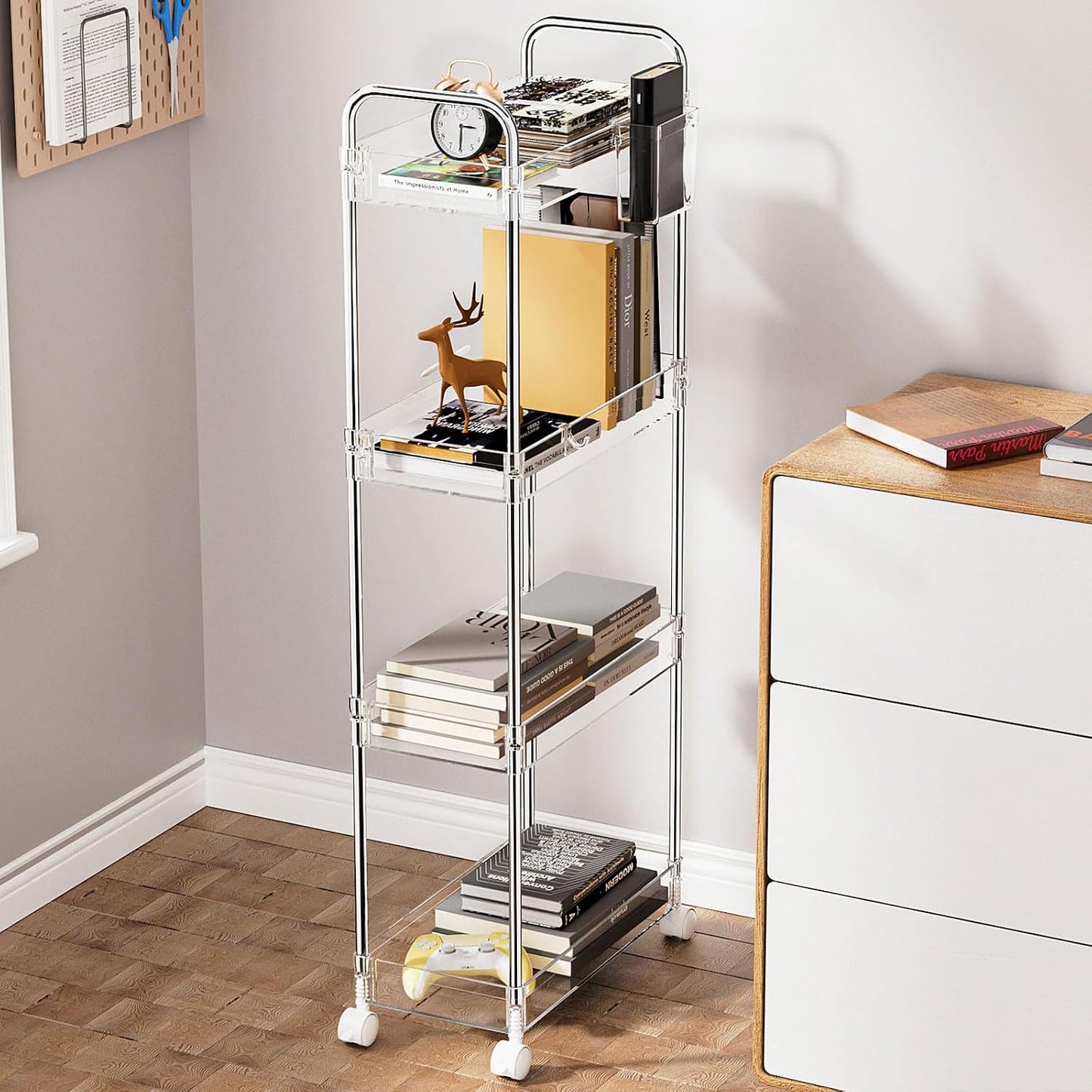 SPACEKEEPER 3 Tier Acrylic Storage Rolling Cart Clear Bathroom Cart Organizer, Transparency Laundry Room Organization Mobile Shelving Unit Multifunction Rolling Utility Cart for Office Living Room