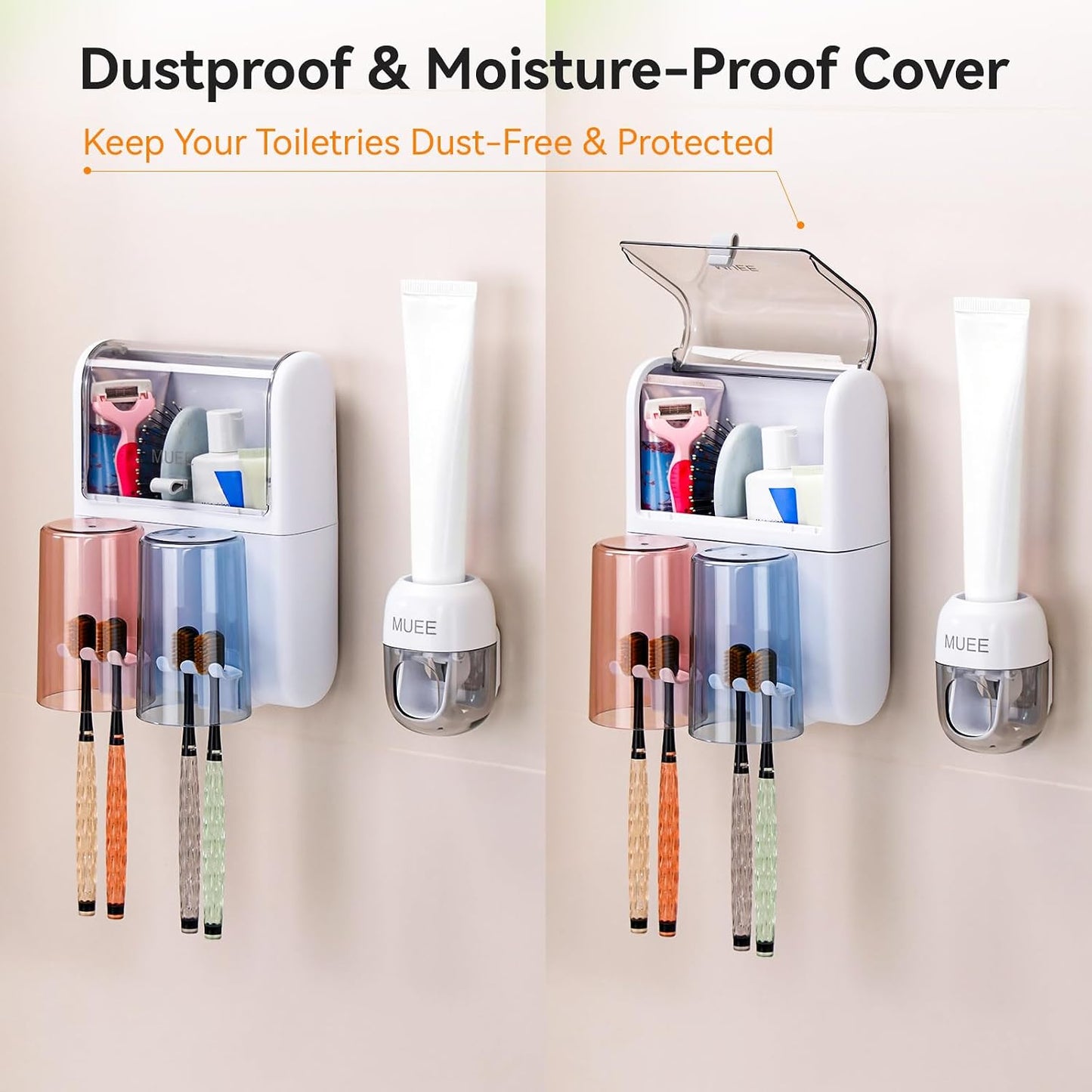 Toothbrush Holder Wall Mounted with Automatic Toothpaste Dispenser, Dustproof Flip Cover and Inverted Cup Slots, Multi-Functional No-Drill Bathroom Organizer for Family, Space Saver (3 Cups)