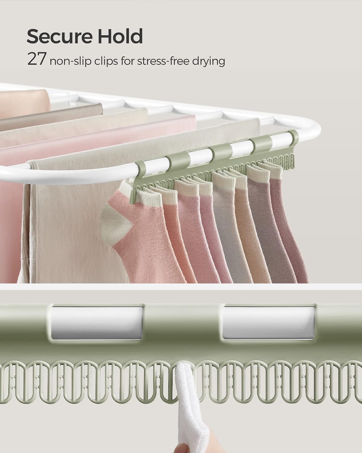 SONGMICS Clothes Drying Rack, with Sock Clips, Metal Laundry Rack, Foldable, Space-Saving, Free-Standing Airer, with 2 Height-Adjustable Gullwings, Indoor Outdoor Use, Gray ULLR052G01