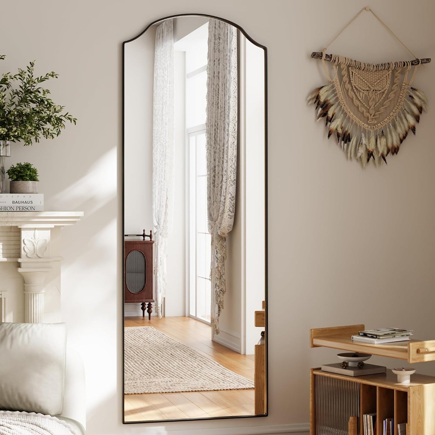 VooBang Triple-Arched Mirror Full Length, 65" x 24" Floor Mirror with Stand, Matte Aluminum Alloy Frame Full Body Mirror, Standing Hanging or Leaning for Bedroom and Living Room, Black