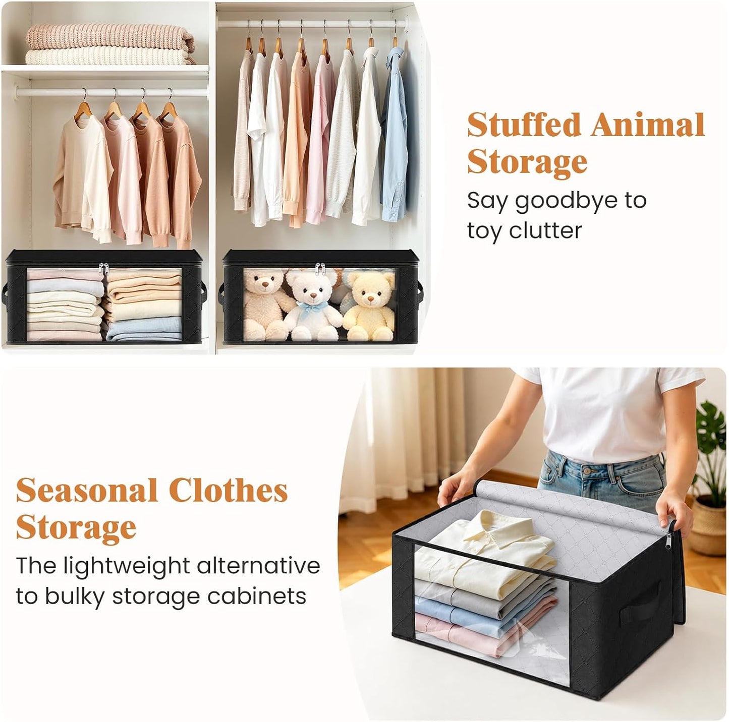 Fab totes 6 Pack Storage Bags for Clothes and Blanket, Foldable Closet Organizers and Storage with Zippers, Clear Window and Handles, Fabric Storage Bins for Sweater, Comforter, Bedding,Linen Sheets