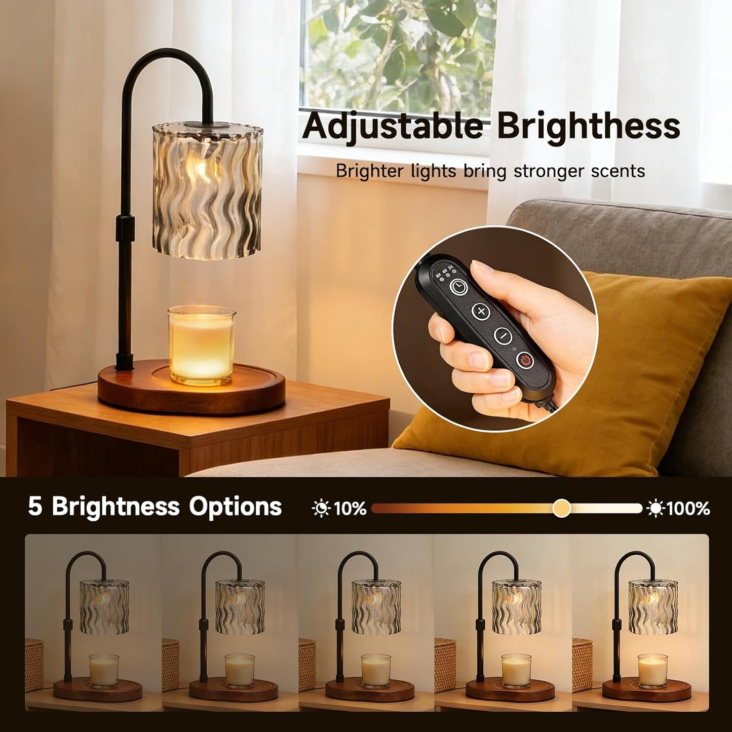 Candle Warmer Lamp with Timer, Dimmer, Vintage Glass Shade | Adjustable height, 2/4/8-hour timer, wood base, 2 bulbs included