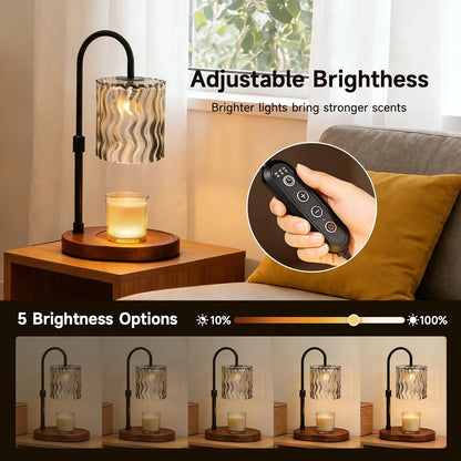 Candle Warmer Lamp with Timer, Dimmer, Vintage Glass Shade | Adjustable height, 2/4/8-hour timer, wood base, 2 bulbs included