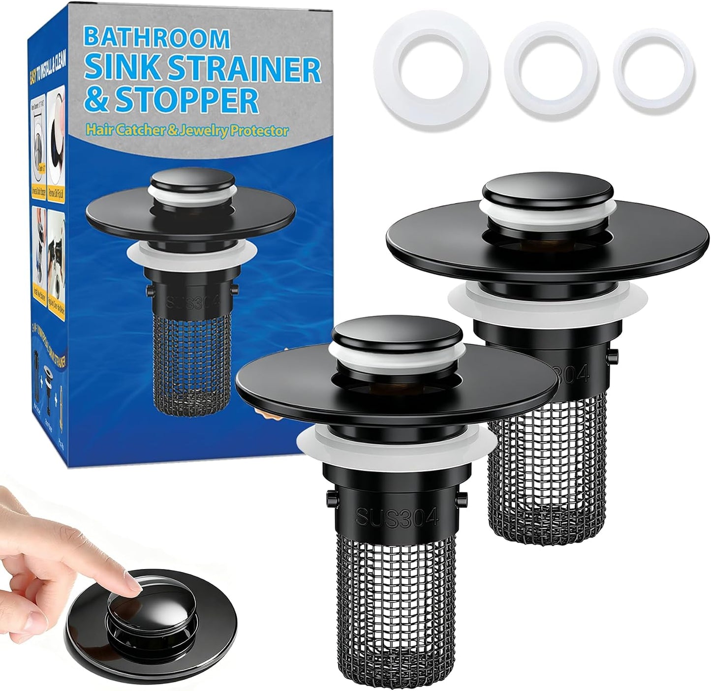 2PCS Bathroom Sink Stopper Strainer, Pop-Up Bathroom Sink Drain Strainer with Removable Stainless Steel Hair Catcher Basket, Universal Fit for US Bathroom Sinks, Bathtubs, Showers & Floor Drains