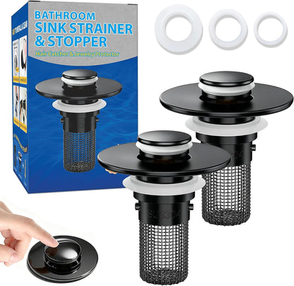 2PCS Bathroom Sink Stopper Strainer, Pop-Up Bathroom Sink Drain Strainer with Removable Stainless Steel Hair Catcher Basket, Universal Fit for US Bathroom Sinks, Bathtubs, Showers & Floor Drains