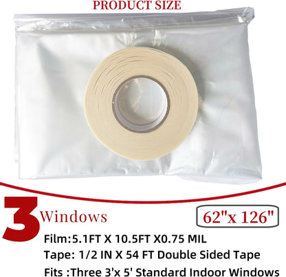 10-Window Shrink Film Window Insulation kit（62-Inch x 420-Inch），Insulating Film Window Kit Keeps Cold Air Out and Warm Air in (10 Windows)
