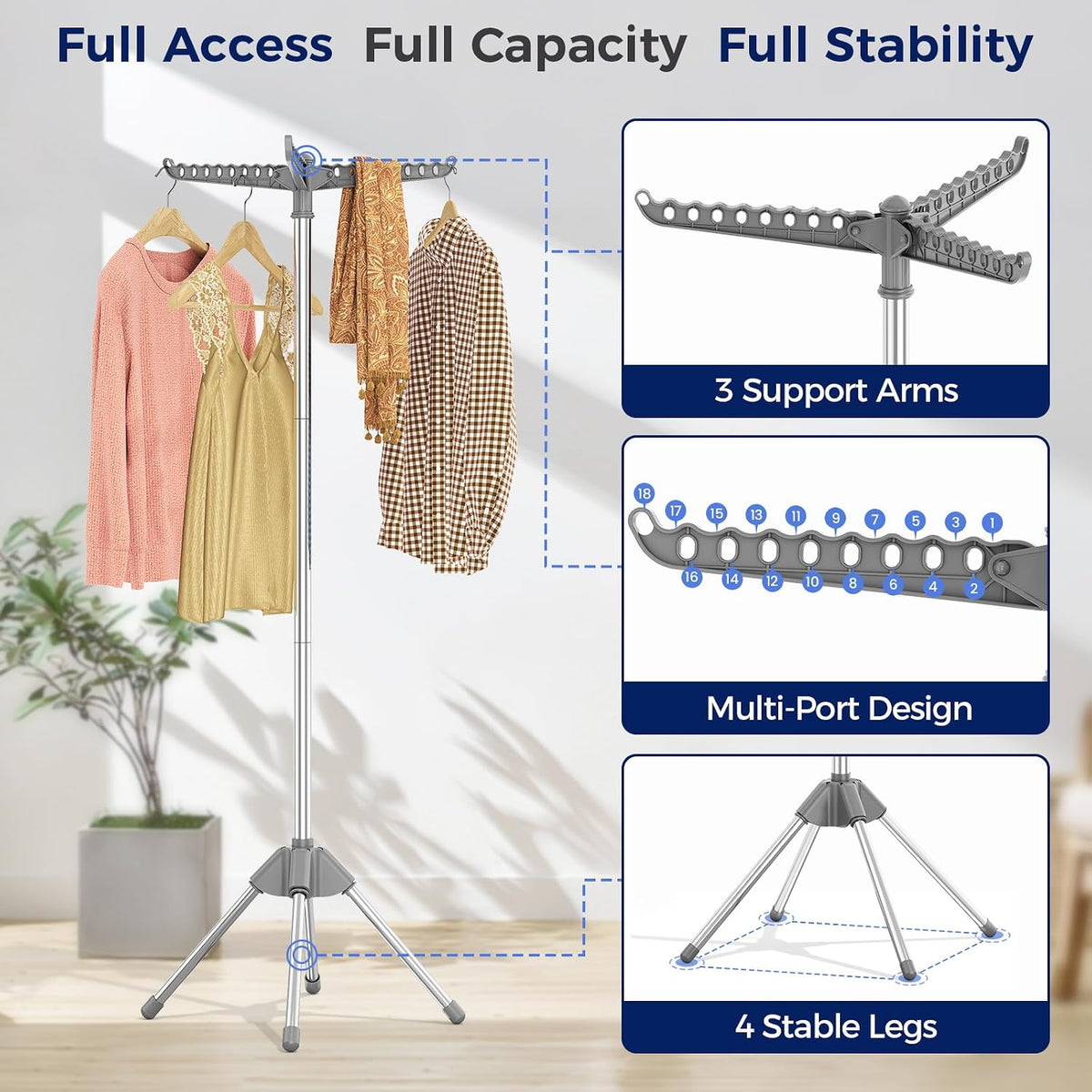 KINGBOARD Clothes Drying Rack, 72-Inch 2-Tier Stainless Steel, Grey | 2-Tier Design, 6 Rotating Arms, 27 Hanger Holes, 24 Clips, 4-Leg Base, Compact Storage, Indoor and Outdoor Use
