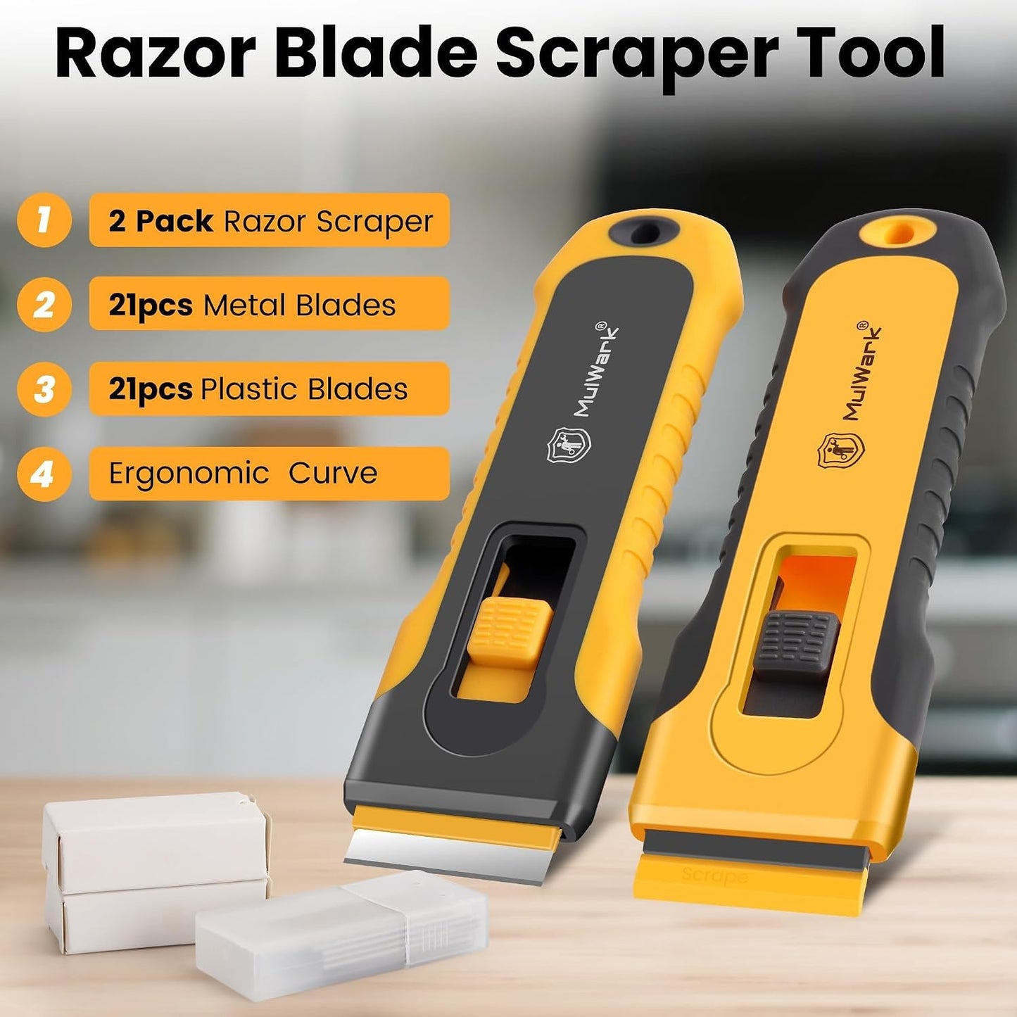 MulWark Razor Blade Scraper | 2 Handles Razor Scraper Set With Extra 12pcs Blades Heavy Duty Paint & Glass Scraper Tool With Extendable Handle for Windows, Oven Cleaning & Surface Prep