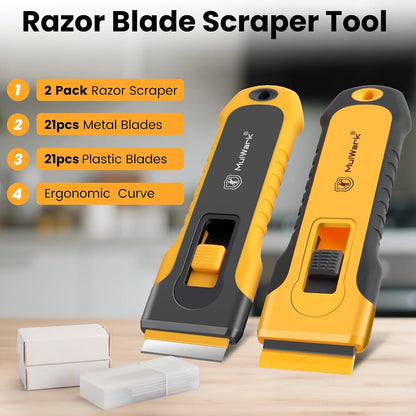 MulWark Razor Blade Scraper | 2 Handles Razor Scraper Set With Extra 12pcs Blades Heavy Duty Paint & Glass Scraper Tool With Extendable Handle for Windows, Oven Cleaning & Surface Prep