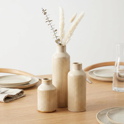 Brown Ceramic Vase Set of 3 - Rustic Farmhouse Vases for Centerpieces Small Modern Decorative Vase for Flower Kitchen Bathroom Bedroom Living Room Shelf Home Decor