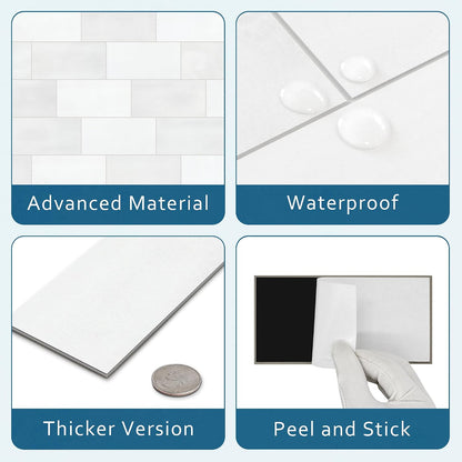 SUNWINGS 100-Sheet Subway Peel and Stick Backsplash Tile, 6" x 3" White Mixed Stone Composite Handmade Looks Self Adhesive Waterproof Wall Tile, Stick on Tiles for Kitchen Bathroom Shower Fireplace