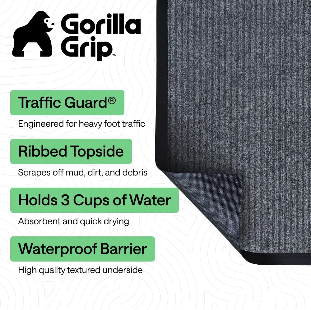 GORILLA GRIP Waterproof Traffic Guard Door Mat, Heavy Duty Entryway Mats, Strong Backing Commercial Utility Rugs for Office Hallway, Garage Floor and Home, Low Profile Carpet Runner, 29x17, Black