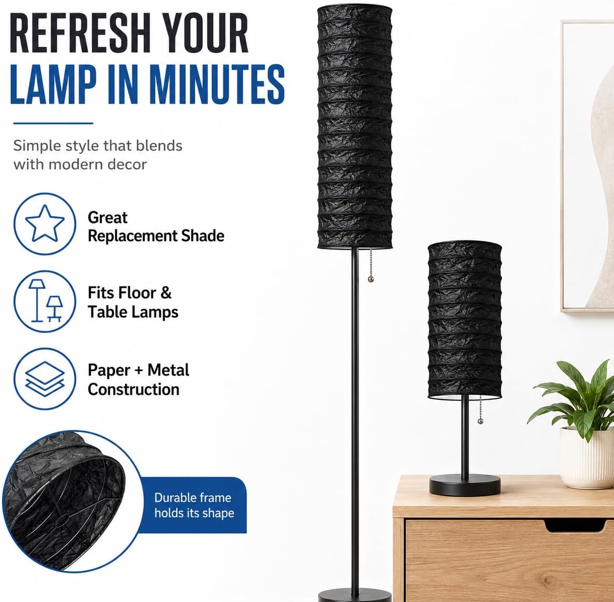 DECHOUS Rice Paper Floor Lamp Shade: Japanese Style Foldable Standing Lampshade Paper Light Cover Replacement For Living Room Bedroom, Black