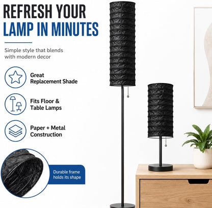 DECHOUS Rice Paper Floor Lamp Shade: Japanese Style Foldable Standing Lampshade Paper Light Cover Replacement For Living Room Bedroom, Black