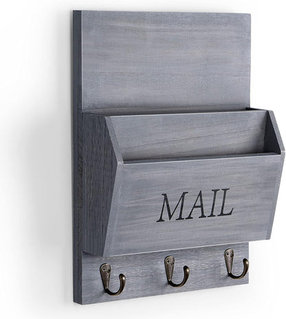 DLQuarts Mail Organizer with Key Holder for Wall, Mail Sorter Wall Mounted, Decorative Wooden Key and Mail Holder with 3 Hooks, Black