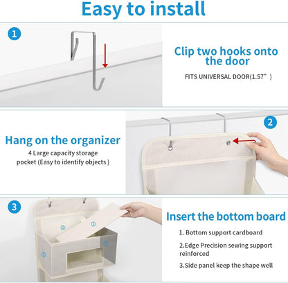 MAX Houser 4-Shelf Over The Door Hanging Organizer with 2 Metal Hooks, Gray | 4 Pocket Swing-proof Behind Door Organizers with Clear Windows for Bathroom Closet, Dorm