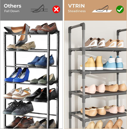 VTRIN 10 Tiers Tall Shoe Rack Holds 20-25 Pairs of Shoes Sturdy Vertical Shoe Organizer with 18pcs Hooks Stackable Narrow Shoe Rack for Closet, Entryway Black